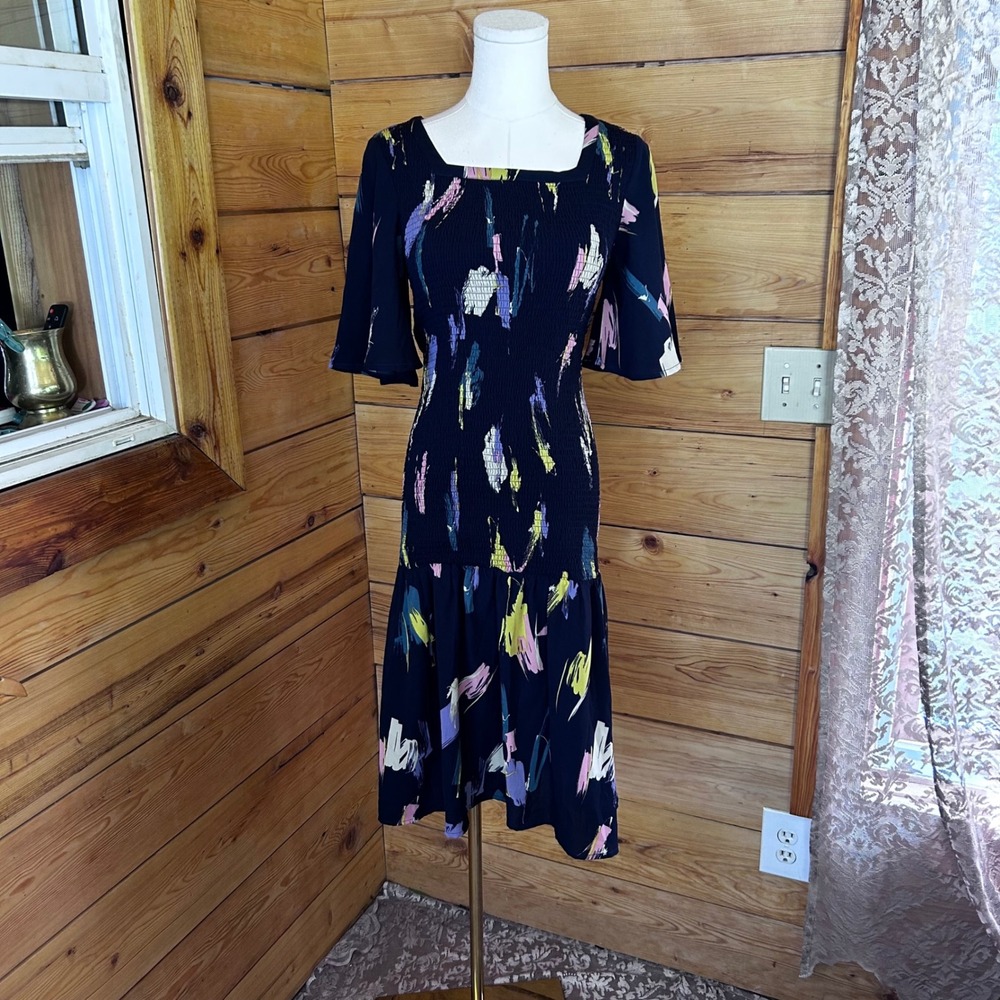 Lizzie Smocked Midi Dress Womens Small Black Abstract Brushstroke ROOLEE